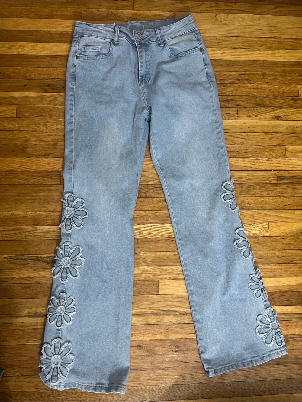 Light Blue Floral-Appliqué Flare Jeans